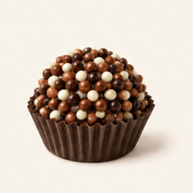 Coffee brigadeiro topped with round brown, light-brown, and white chocolate pearls