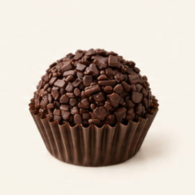 Dark chocolate brigadeiro with dark chocolate flakes, in a brown paper cup