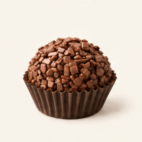 Milk chocolate brigadeiro coated in milk chocolate flakes, in a brown paper cup
