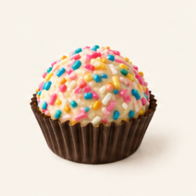Birthday cake brigadeiro covered in colorful rainbow sprinkles